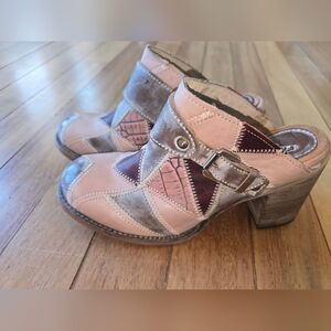 Pink and Brown Chunky Heel Mules with Open Back